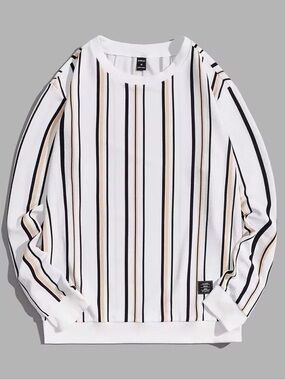 SHEIN White Crewneck Sweater with Black & Tan Stripes